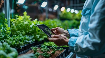 Wall Mural - A farmer using a digital tablet to monitor organic vegetable growth in a greenhouse