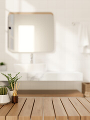 Canvas Print - a space for showcasing products on a wooden table in a modern, luxurious white bathroom.