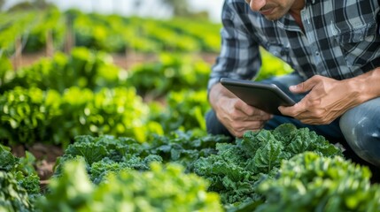 Wall Mural - A farmer using advanced technology to monitor organic vegetable health