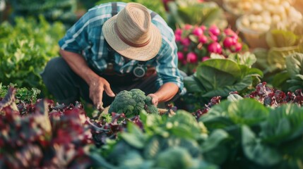 Wall Mural - A farmer using sensors to monitor the health of organic vegetables in a farm