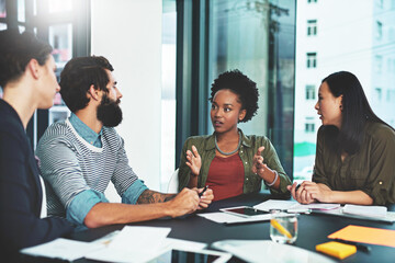 Poster - Business people, meeting and paperwork for teamwork, recruitment training and brainstorming in office. Seminar, trainee group and communication with documents for intern learning, feedback and advice