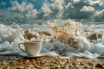 A surreal coffee ocean with waves made of espresso crashing against a coffee cup shore