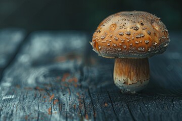 Wall Mural - fresh mushroom on rustic wooden table, banner with copy space for text