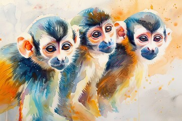 Wall Mural - Cheeky monkeys - Watercolor style