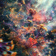3d exploding cloud of corals and fish 3d with shimmering glitter , abstract background with explosio