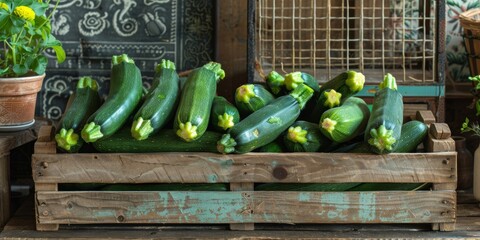 Wall Mural - A rustic wooden crate filled with freshly picked organic zucchinis.