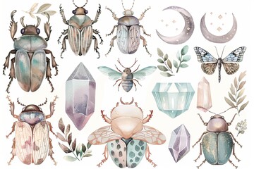 Sticker - hand painted watercolor collage cute big beetles, botanicals, crystals, moons