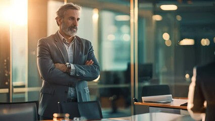 Sticker - A man standing in front of a group of people, discussing strategies in a boardroom, A businessman in a boardroom, discussing strategies with a team of experts