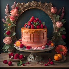 Poster - Tasty cake covered in orange  frosting and garnished with berries.