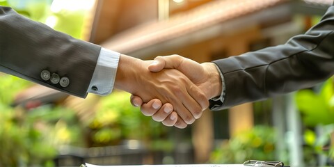 Wall Mural - Businessman and banker shake hands with customer after successful house contract signing. Concept Real Estate, Business Deal, Handshake, Success, Customer Satisfaction