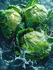 Wall Mural - Vegetable poster, a few cabbage ï¼ŒWater splashing,Solid coloroackground,illustration, light colour