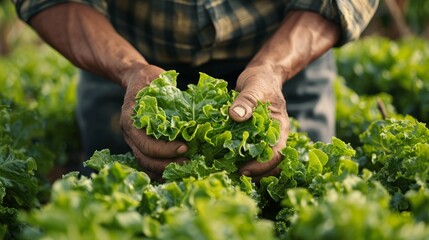 Wall Mural - Close-up of a farmer hands using non-toxic methods to deter pests from organic lettuce.