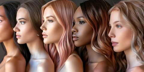 Wall Mural - Variety of Women's Hairstyles: Pink Straight, Wavy, and Bobcut Options. Concept Pink Straight, Wavy Hairstyles, Bobcut Styles, Women's Hair Trends, Hairstyle Transformations