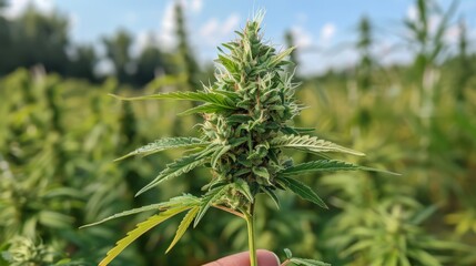Wall Mural - Close-up of a hand holding a large, dense cannabis bud in a field