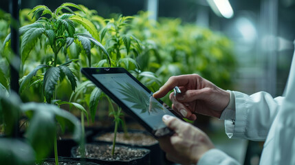 Wall Mural - Close-up of a lab technician using a digital tablet to monitor cannabis growth
