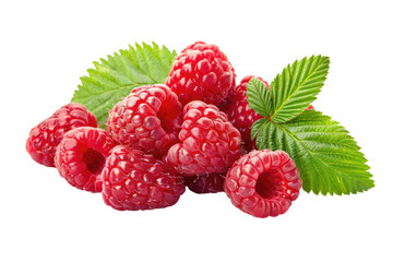 Wall Mural - stack of fresh raspberries with leaves isolated on white or transparent png