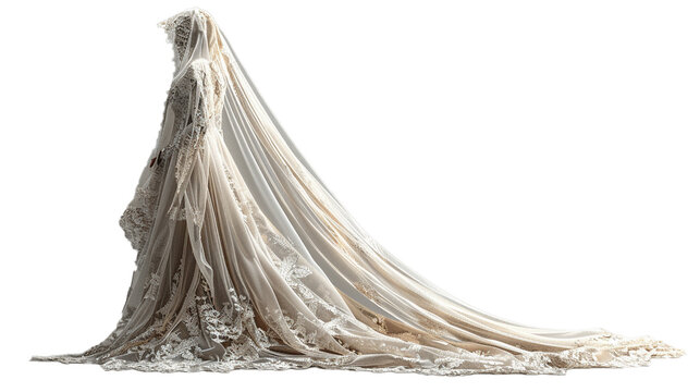 A soft and ethereal white nikah gown with cascading lace and a delicate veil, isolated on transparent background, png file.