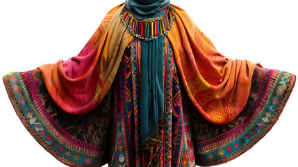 Wall Mural - A vibrant Moroccan kaftan with colorful embroidery and intricate beadwork, isolated on transparent background, png file.