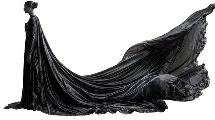 Wall Mural - A black velvet kaftan with shimmering silver threadwork and a dramatic train, isolated on transparent background, png file.