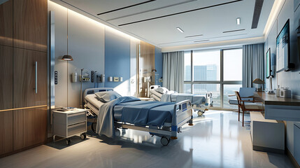 A hospital room with serene blue walls, featuring a comfortable bed and essential medical equipment