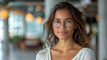 Wall Mural - A woman with long brown hair and glasses is smiling