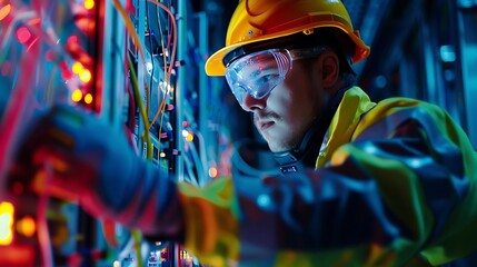 an intense close-up scene of a professional electrician in safety gear meticulously working on a complex electrical panel