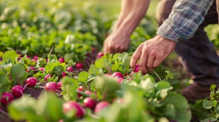 Wall Mural - Rows of organic radishes being hand-picked, with a focus on the vibrant pink roots.