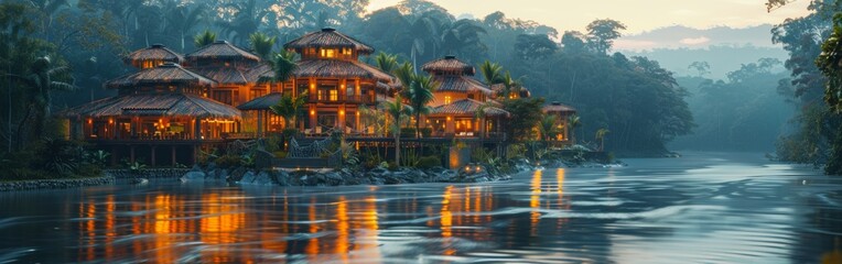 Wall Mural - A beautiful tropical village with a river running through it