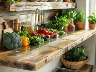 A rustic kitchen counter with fresh vegetables and cooking utensils, and a clear section of the counter for text or product placement