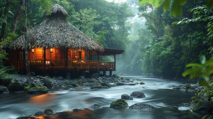 Wall Mural - A small wooden house is on the edge of a river