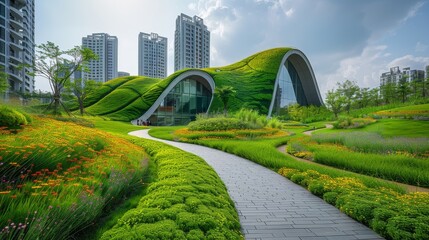 Wall Mural - A large building with a green roof and a path leading to it