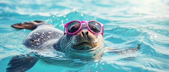 Wall Mural - Funny animal summer holiday vacation photography banner background - Seal with pink sunglasses swimming in pool water or ocean