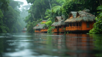 Wall Mural - A group of wooden cabins are floating on a river