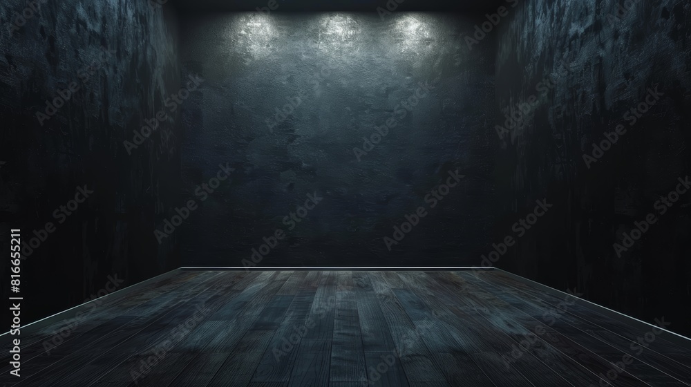 The image is a dark, empty room with three spotlights shining down from ...