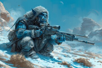 A blue character with a gun is sitting in the snow