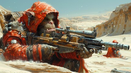 A monkey is holding a rifle and wearing a red coat