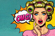 Surprised young woman with bright makeup, hair rollers and OMG! speech bubble. Pop art style colorful background. Poster, banner, invitation, postcard