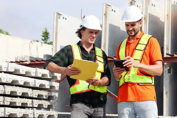 two happy worker engineers with safety vest and helmet holding digital tablet document file to inspe