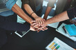 © peopleimages.com - Hands, stack and meeting for teamwork collaboration in finance, planning or commitment. People, circle and team building a connection in office with community, communication or support on project