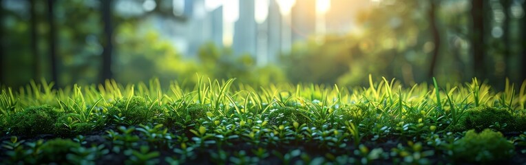 Wall Mural - A lush green field with a city in the background