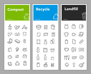 Ready sets of icons for separating waste on trash, compost, recycle. Vector elements are made with high contrast, well suited to different scales. Ready for use in your design. EPS10.