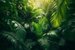 © Denis Mamin - A vibrant display of lush jungle foliage, with sunlight flaring through the leaves, creating a dynamic interplay of light and shadow. AI Generated