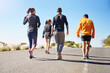 © peopleimages.com - People, friends and walking exercise as group or running community for club sports, hiking or nature. Men, women and back for healthy cardio in California for outdoor training, workout or athlete