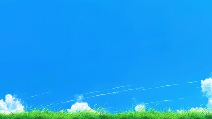 Wall Mural - grass slow windy noise on blue sky loop. scenery of meadow grass and windy slow on blue background.