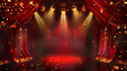 Wall Mural - The stage of a theater features a red and gold curtain with a spotlight. Modern illustration of an opera or cinema decoration with velvet drapes with golden tassels and a scene illuminated with a