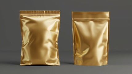 Wall Mural - An illustration of a gold foil doy pack, pouch, paper, and foil bag side by side on a transparent background with a clip, showing a food or cosmetics product in a blank package mockup.