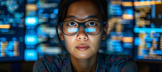 Data reflection on eyeglasses of programmer analyzing big data for computer programming