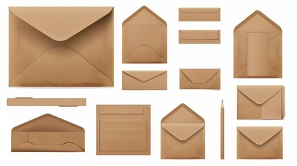 Wall Mural - Blank brown closed and open craft paper envelopes, vertical and horizontal letter packages, and realistic 3D modern mockups for business documents.