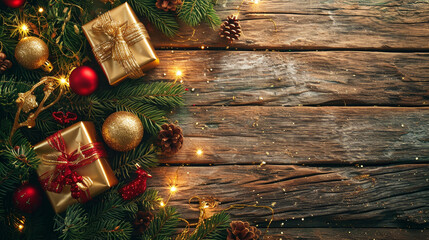 Wall Mural - rustic christmas close up, decorations and pine branches on a wooden backdrop, selective focus, intentional blur