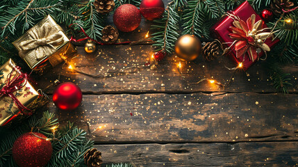 Wall Mural - rustic christmas close up, decorations and pine branches on a wooden backdrop, selective focus, intentional blur